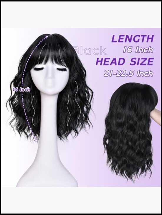 Short Wavy Wig with Bangs Natural Look Synthetic Hair Full Head Cap 14inch